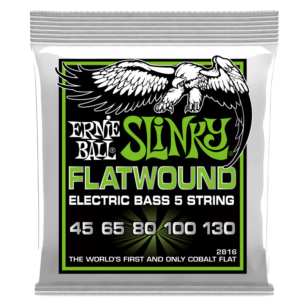 Ernie Ball Cobalt Flatwound Regular Slinky 45-130 5-String Bass Guitar Strings, Long Scale